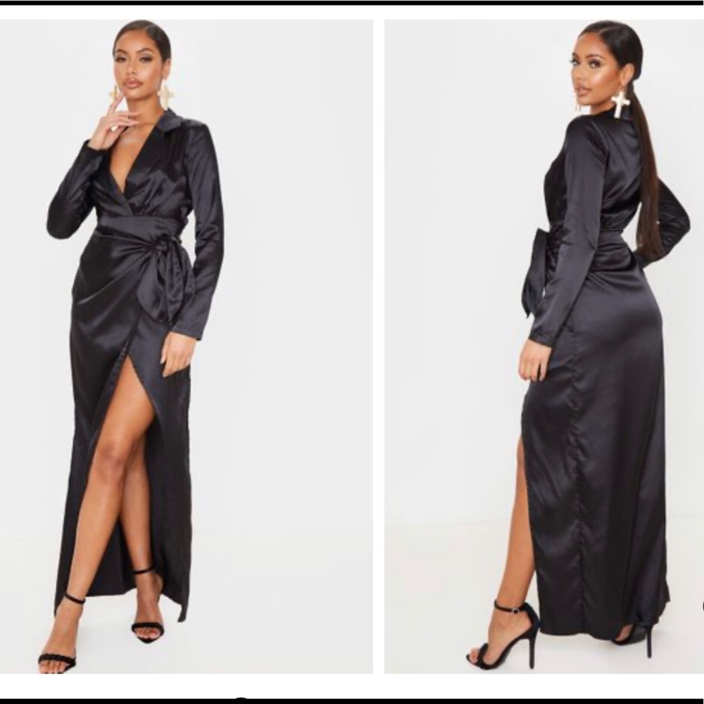 Black satin wrap dress